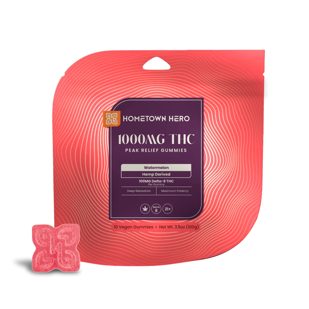 Watermelon Max Delta 8 hemp gummies by Hometown Hero, 1000mg THC edibles with vibrant watermelon flavor.