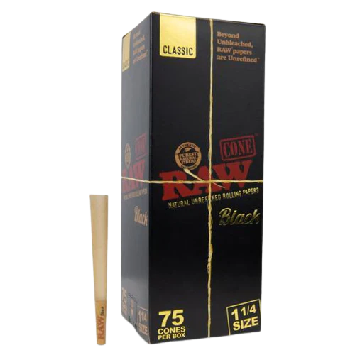 75-count pack of RAW 1 1/4 black rolling cones, classic 420 products for smooth, even rolls in cannabis preparation.