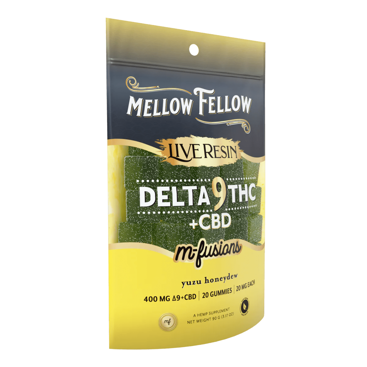 Mellow Fellow Yuzu Honeydew D9+CBD hemp edibles gummies, 400mg total, 20 count, colorful fruit-flavored gummies in a clear container.