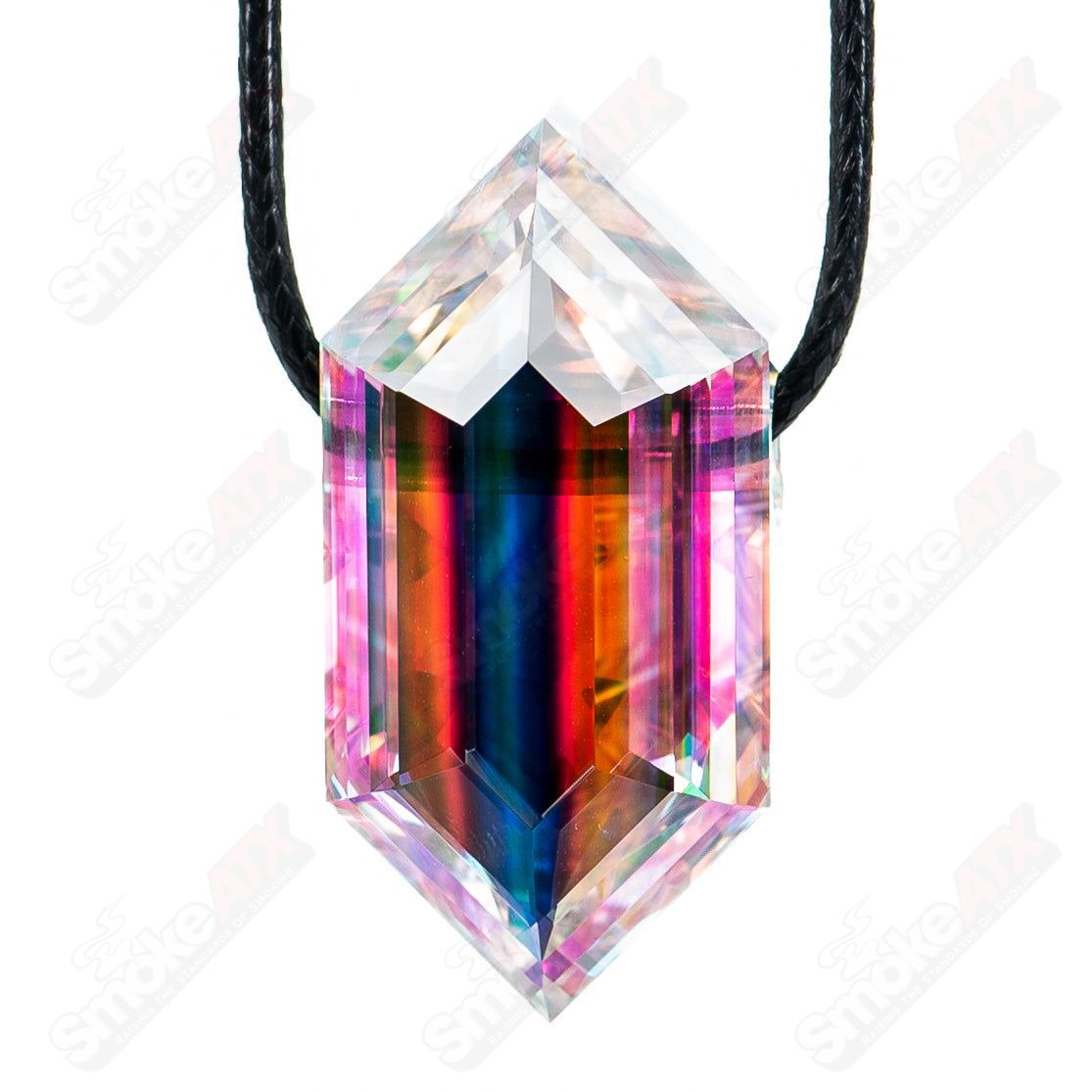Dichro Diamond Faceted Pendant by Fatal Facets, a colorful glass heady pendant with faceted diamond shape and vibrant iridescent finish.