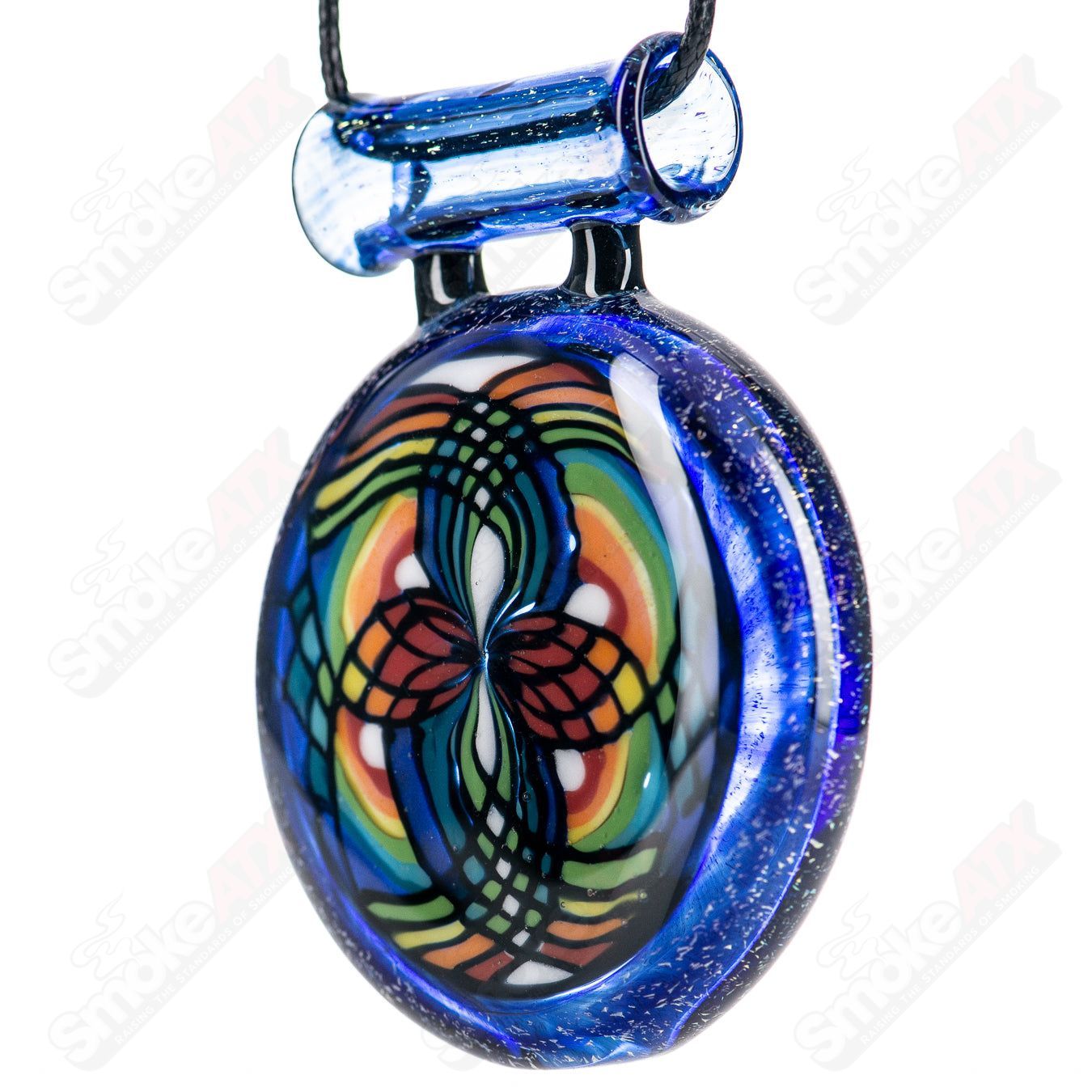 Hendy Dichro Rainbow Pendant made of glass with vibrant rainbow colors, hanging from a silver chain.