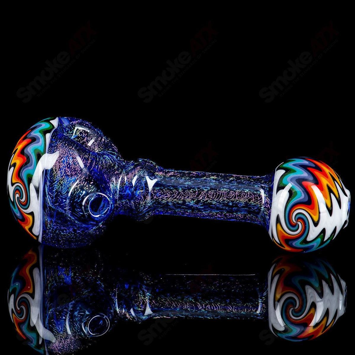 Boro Loco glass Dichro Spoon pipe with wig wag cap and mouthpiece, featuring colorful, intricate dichroic glass details.