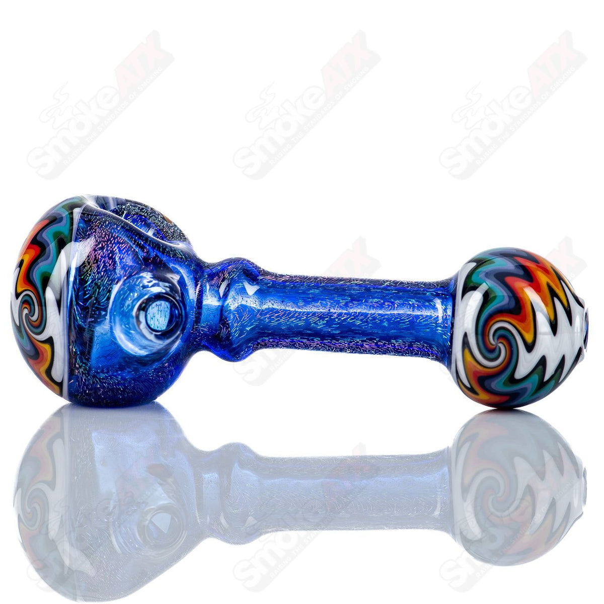Boro Loco Dichro Spoon pipe with wig wag cap and mouthpiece, featuring colorful glass design and intricate details.