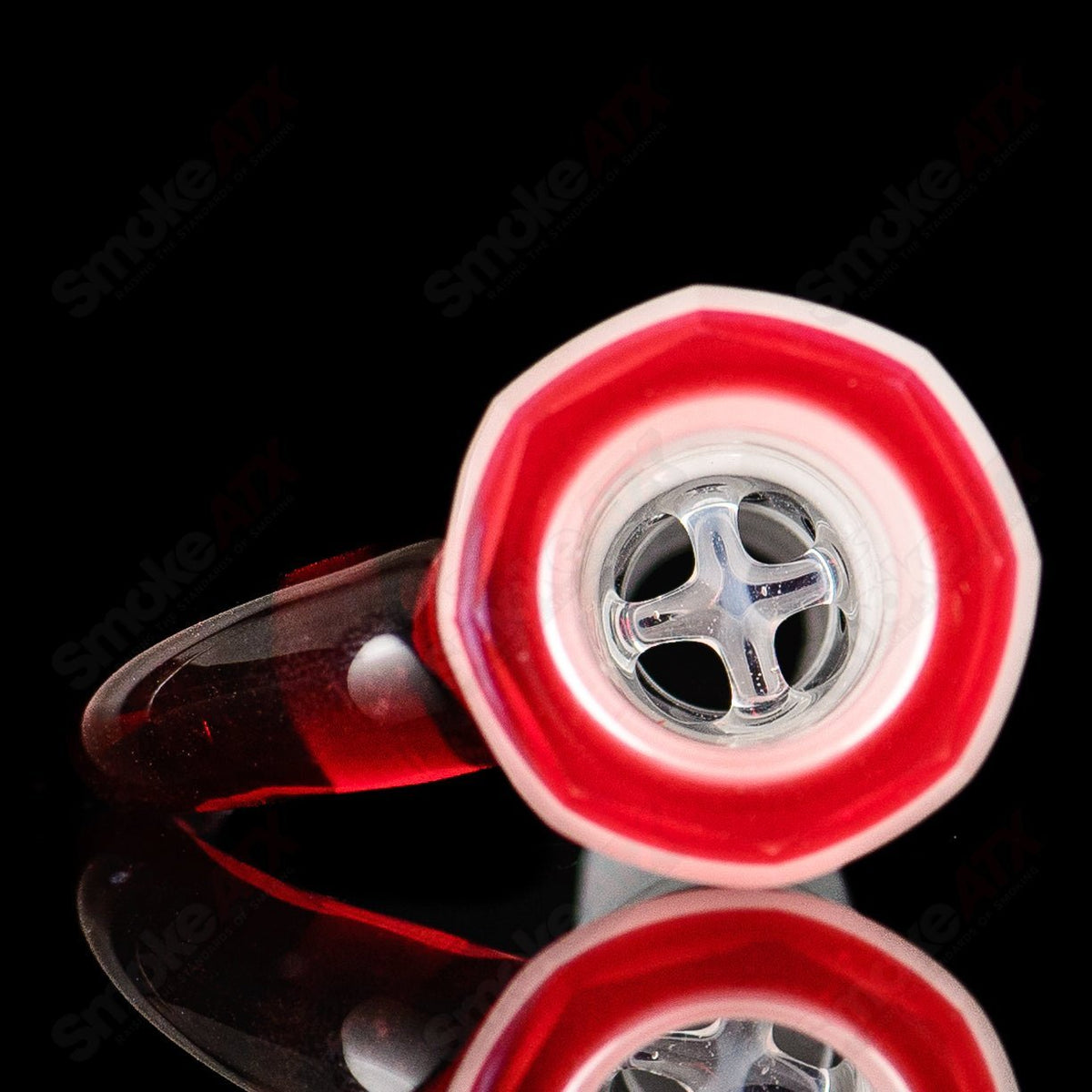Seth Jones 14mm faceted glass slide with Phoenix and white satin design, featuring a bowl for smoking accessories