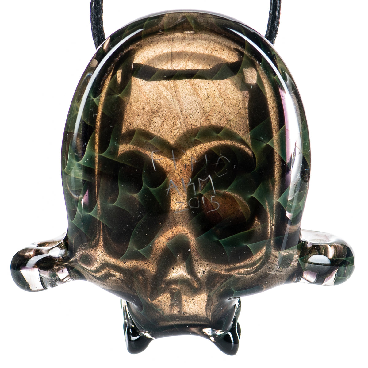 Akm X F-Time signed 2015 heady glass pendant with intricate glasswork and vibrant colors, hanging from a chain.