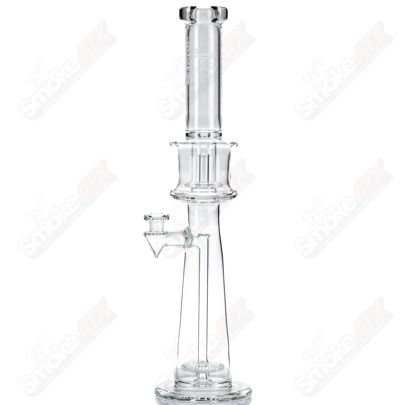 Glass dual perc straight tube by Mad Rob, featuring clear glass with percolator for smooth filtration and enhanced smoking experience.