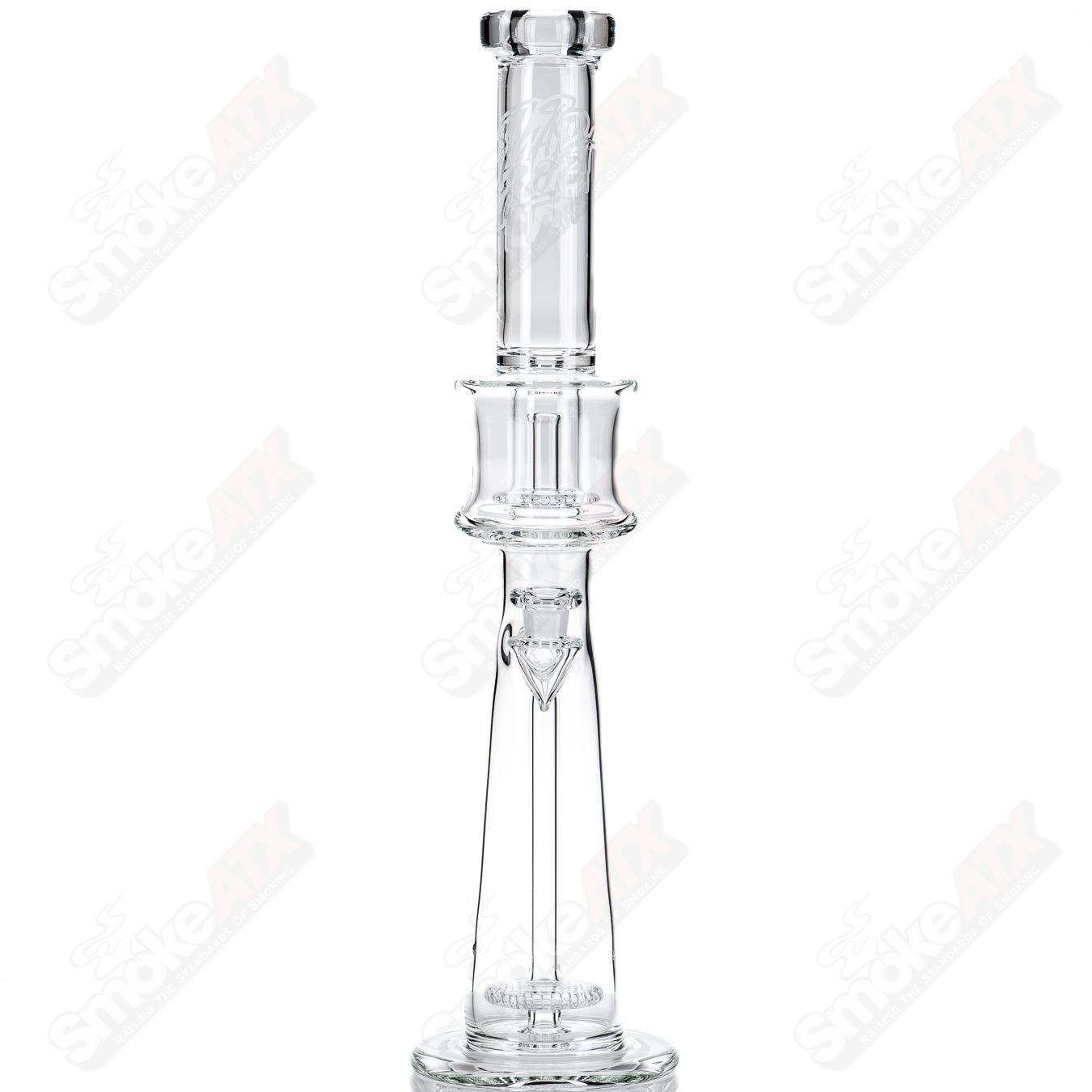 Glass dual perc straight tube by Mad Rob with clear glass construction and multiple percolators for smooth smoking experience.