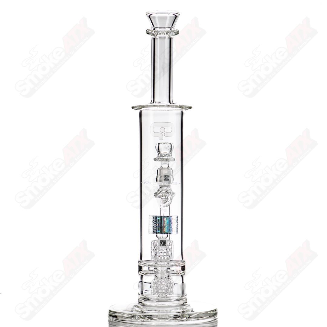 Clear Mobius 50T Stereo Matrix V6 glass waterpipe with intricate Mobius design and durable construction.