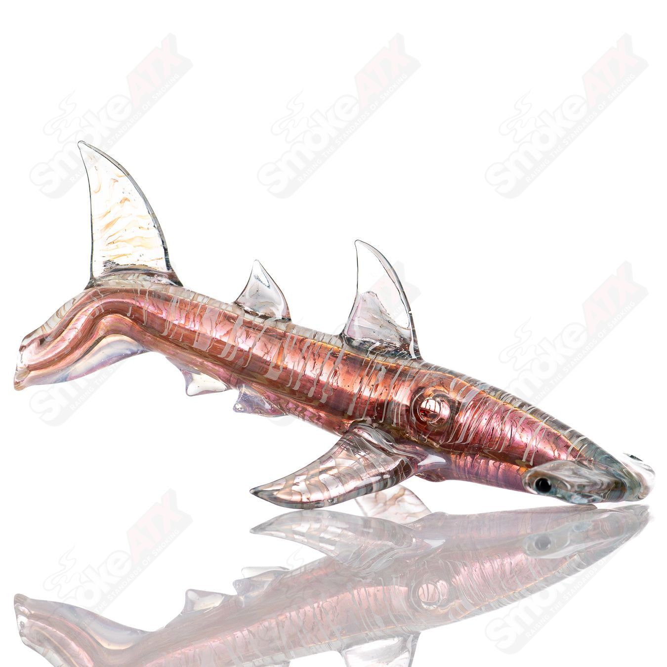 Hammerhead Shark handpipe by Mako Glass, colorful heady glass pipe featuring a detailed hammerhead shark design.