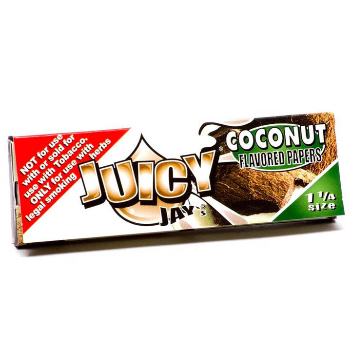 Juicy Jay's 1 1/4 inch coconut-flavored rolling papers for rolling cigarettes or herbal blends.
