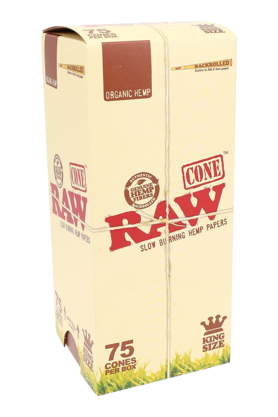 RAW 75-count king size backrolled organic hemp cones for rolling, shown in a close-up image.