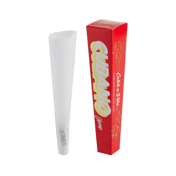 Vibes Cubano Hemp Cone Vibes rolling papers with cone shape and hemp material for rolling cigarettes or herbal blends.