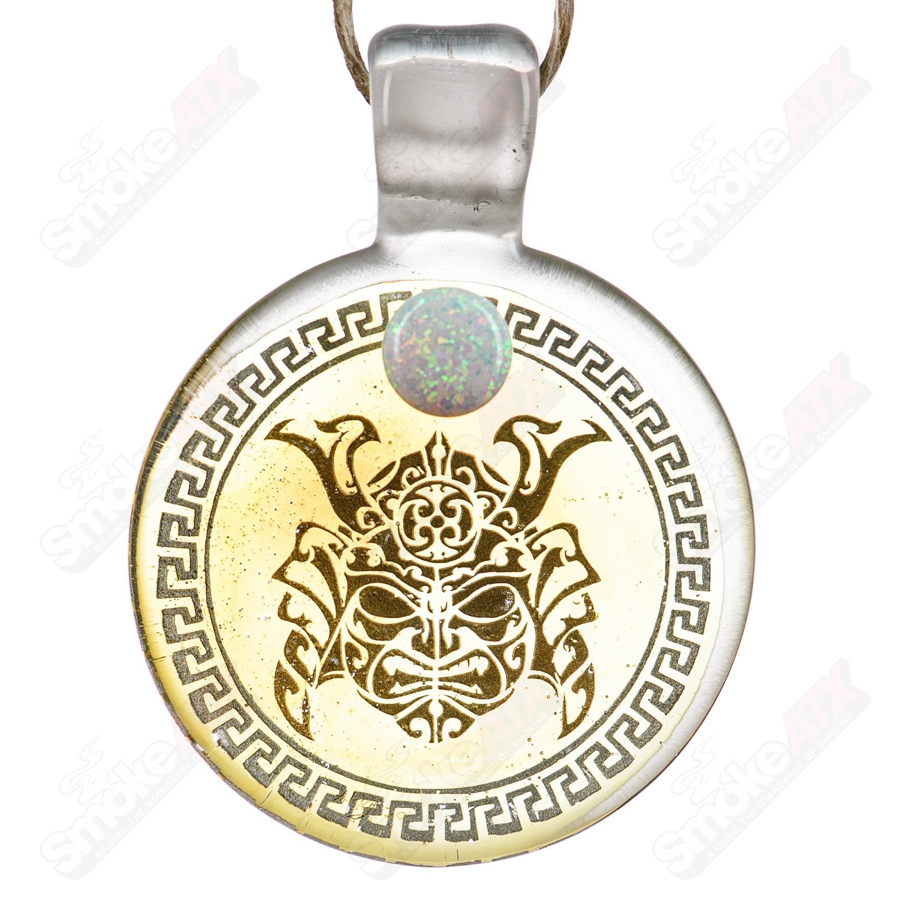 Alkaline Glass #4 Complex Inlay Pendant featuring intricate glass inlay design, hanging on a silver chain.