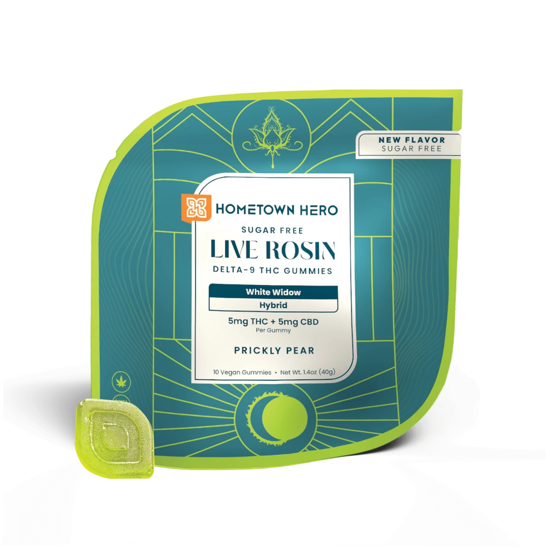 Hometown Hero sugar free prickly pear live rosin D9+CBD hemp gummies with 5mg THC and 5mg CBD, displayed on a neutral background.