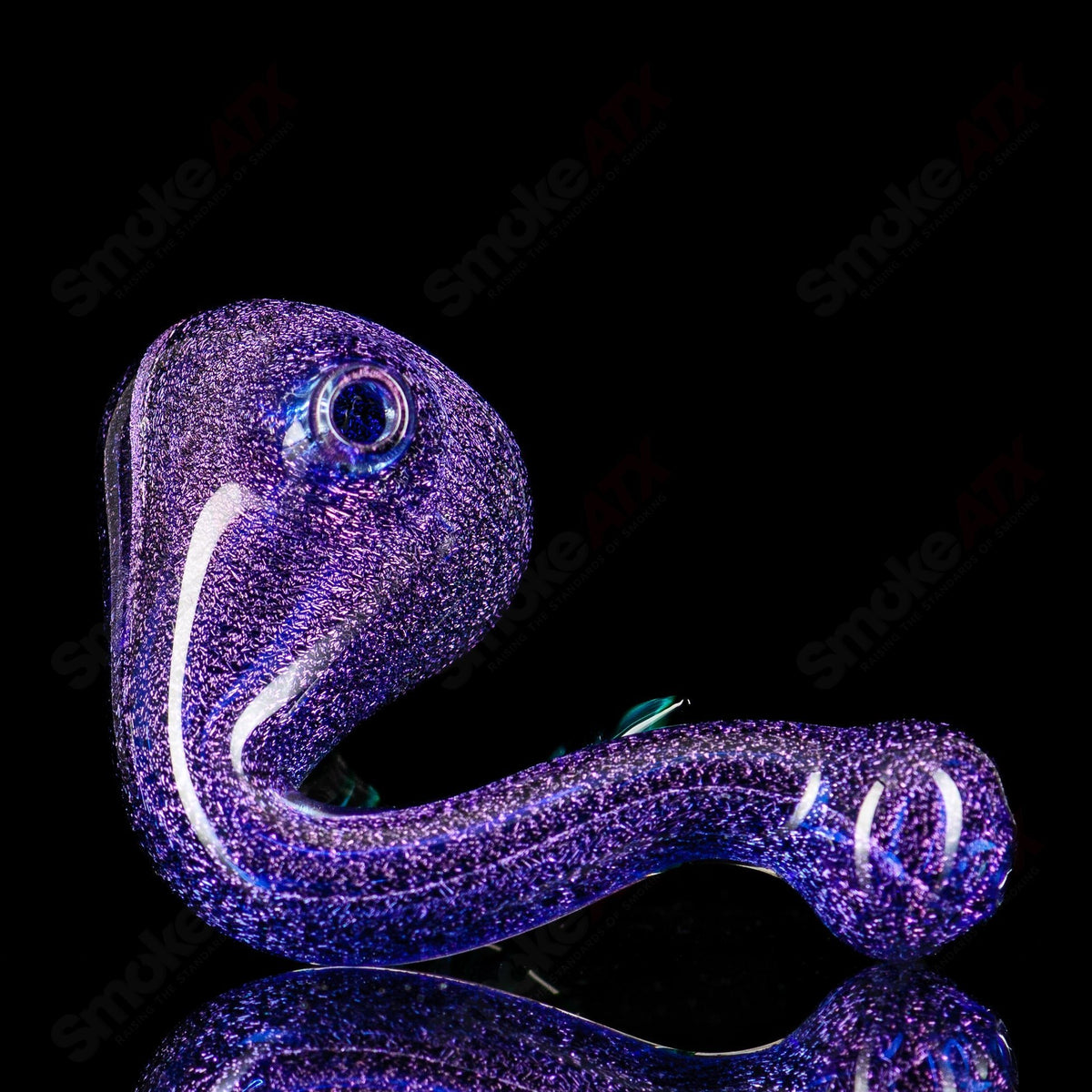 Boro Loco Dichro Sherlock glass pipe with filigree horn design, featuring colorful borosilicate glass artwork.