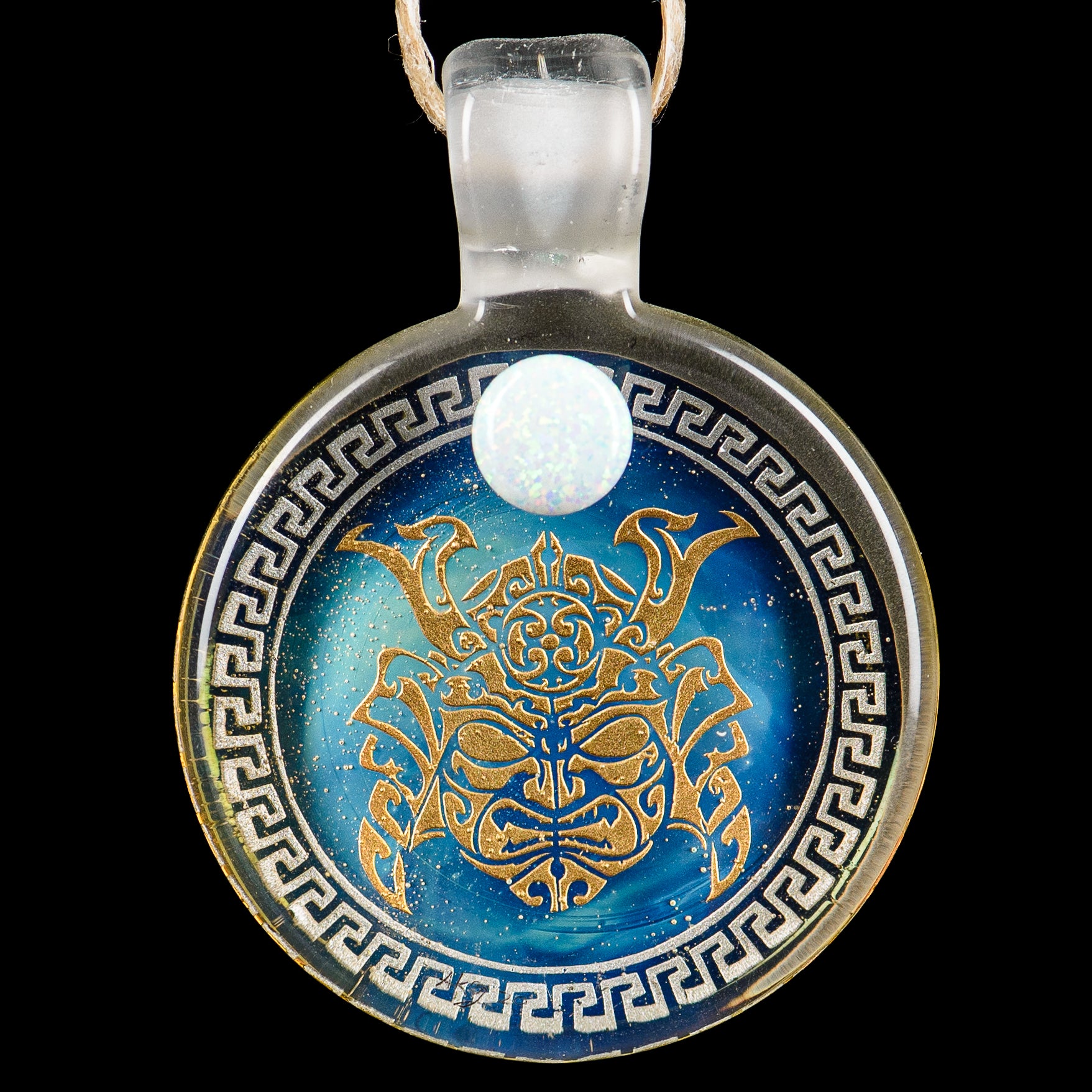 Alkaline Glass #4 Complex Inlay Pendant featuring intricate glass inlay design, hanging on a black cord.
