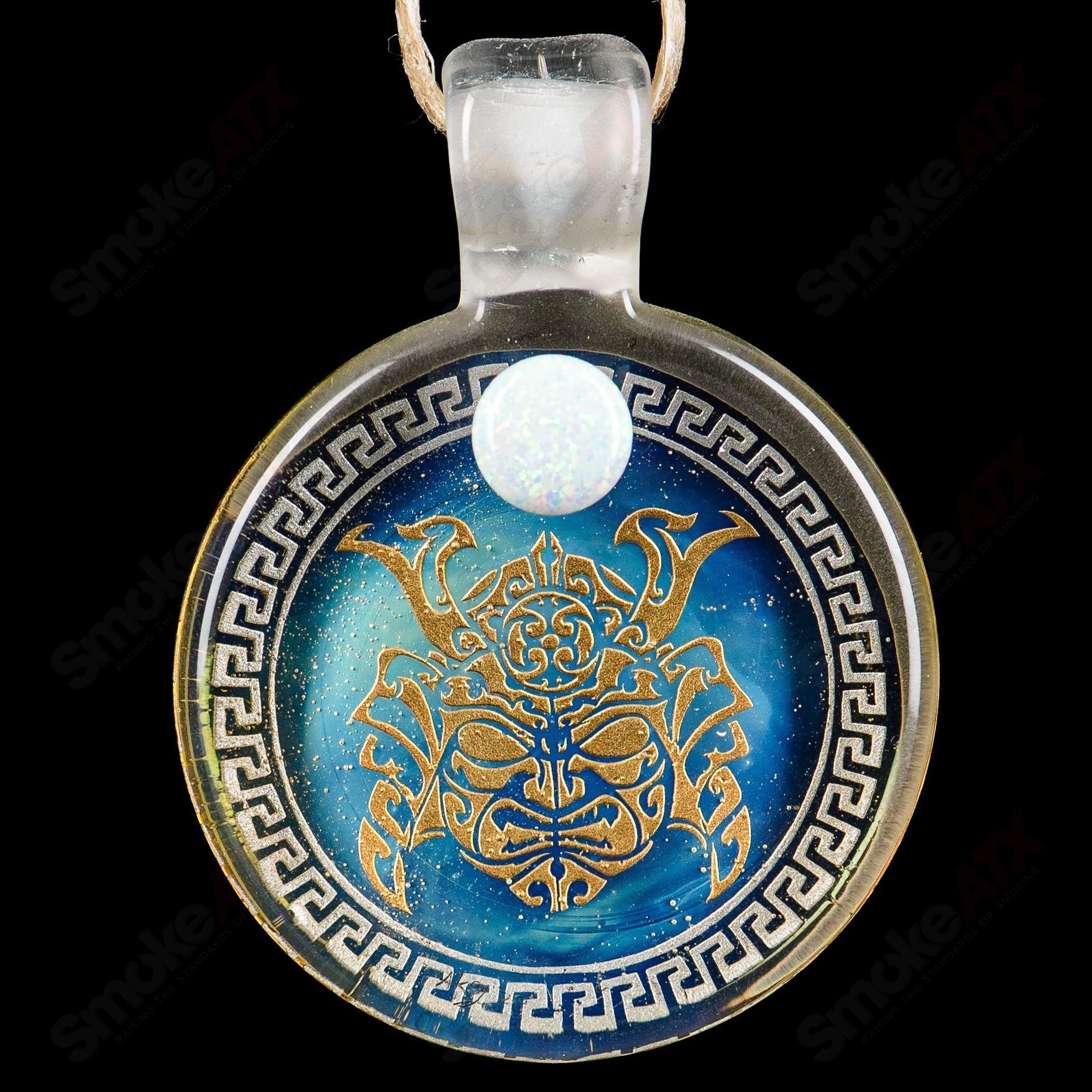 Alkaline Glass #4 Complex Inlay Pendant featuring intricate glass inlay design, hanging on a black cord.