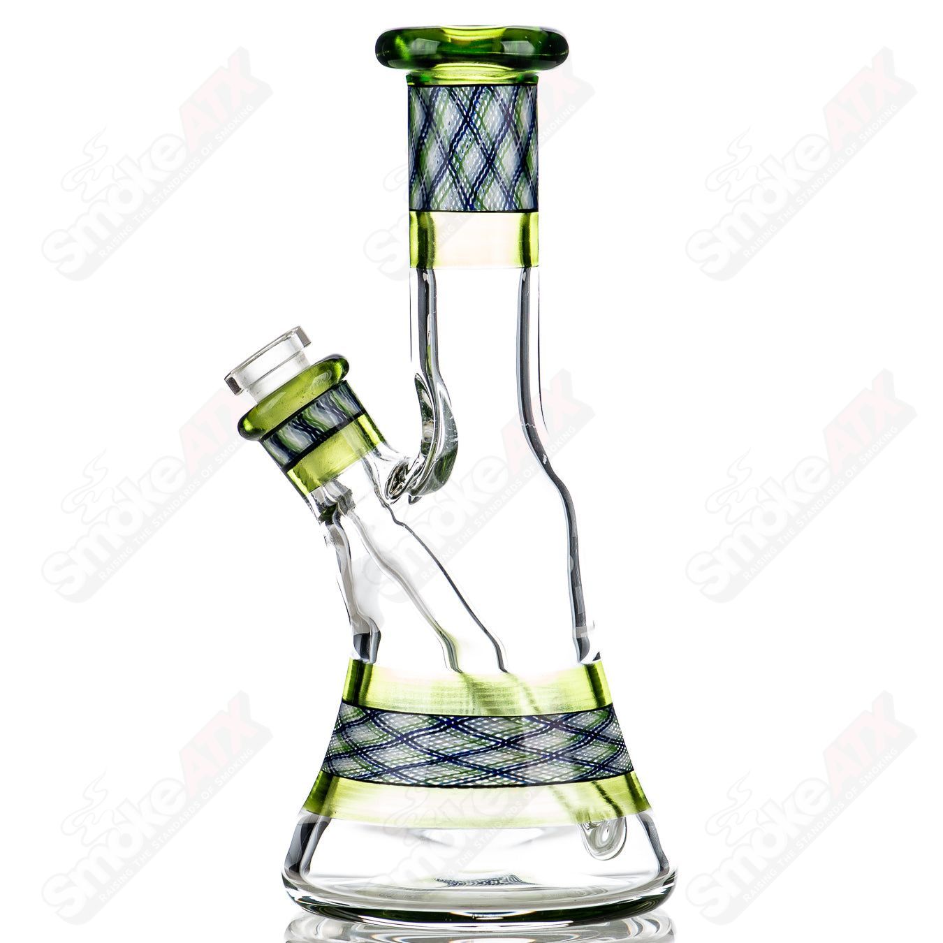 Devol Glass Experimental 26 Green Reticello Pocket Tube, a colorful straight heady glass tube with intricate reticello design.