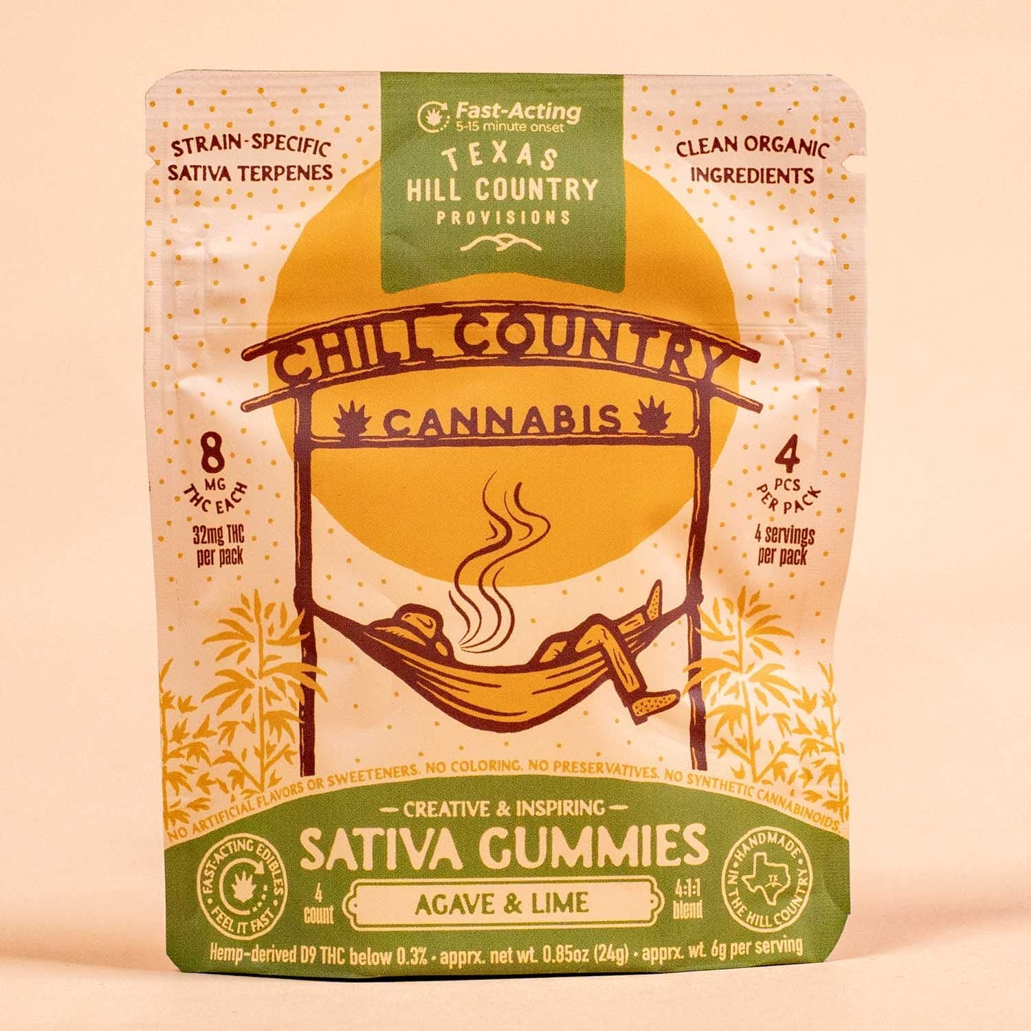 Four Chill Country Agave & Lime THC gummies in a hemp edible package, featuring sativa blend for a relaxing experience.