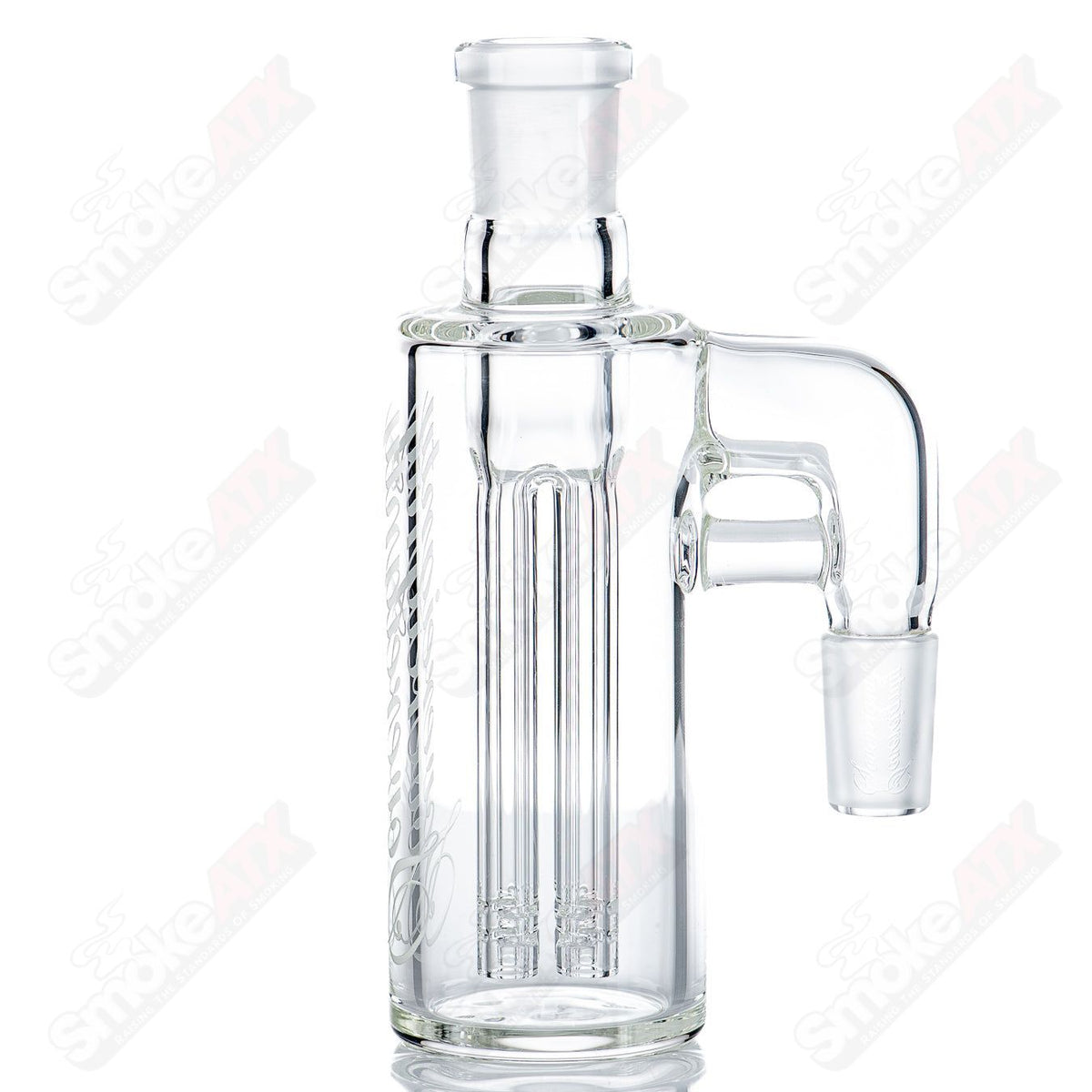Clear glass F4 Ash Catcher by Sovereignty Glass, featuring a sleek design for use with smoking pipes and bongs.