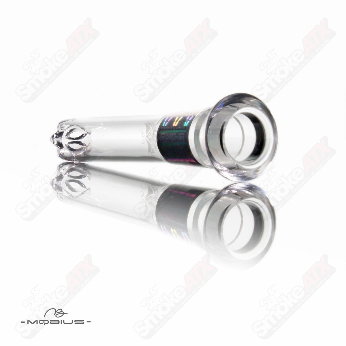 Glass Facet 3.25-inch Mobius downstem for smoking devices, featuring a clear design and precise airflow channels.
