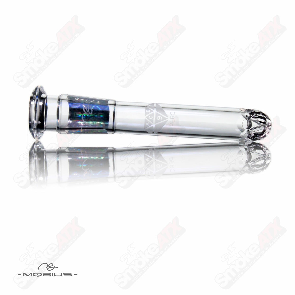 Glass Facet 3.25-inch Mobius downstem for smoking pipes, transparent with a sleek, modern design.
