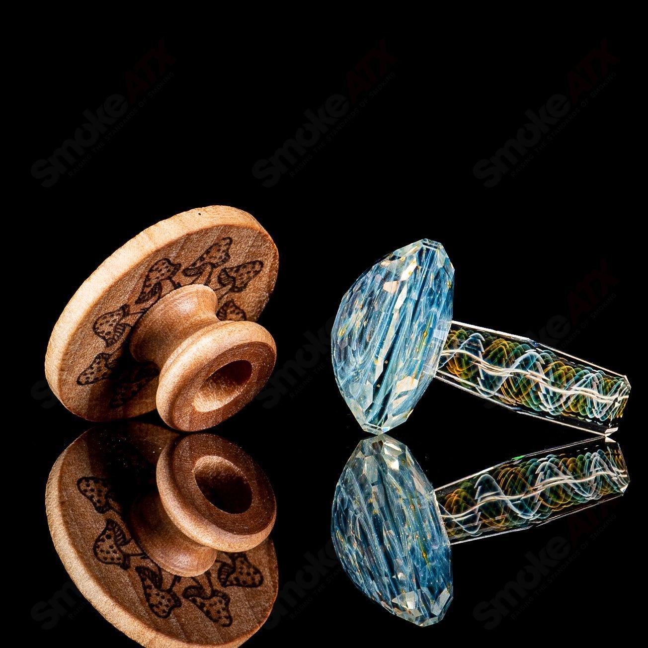 Faceted Ghost Filigrana Mushroom by Fatal Facets, handcrafted heady glass art on a wooden stand, featuring intricate filigrana details.