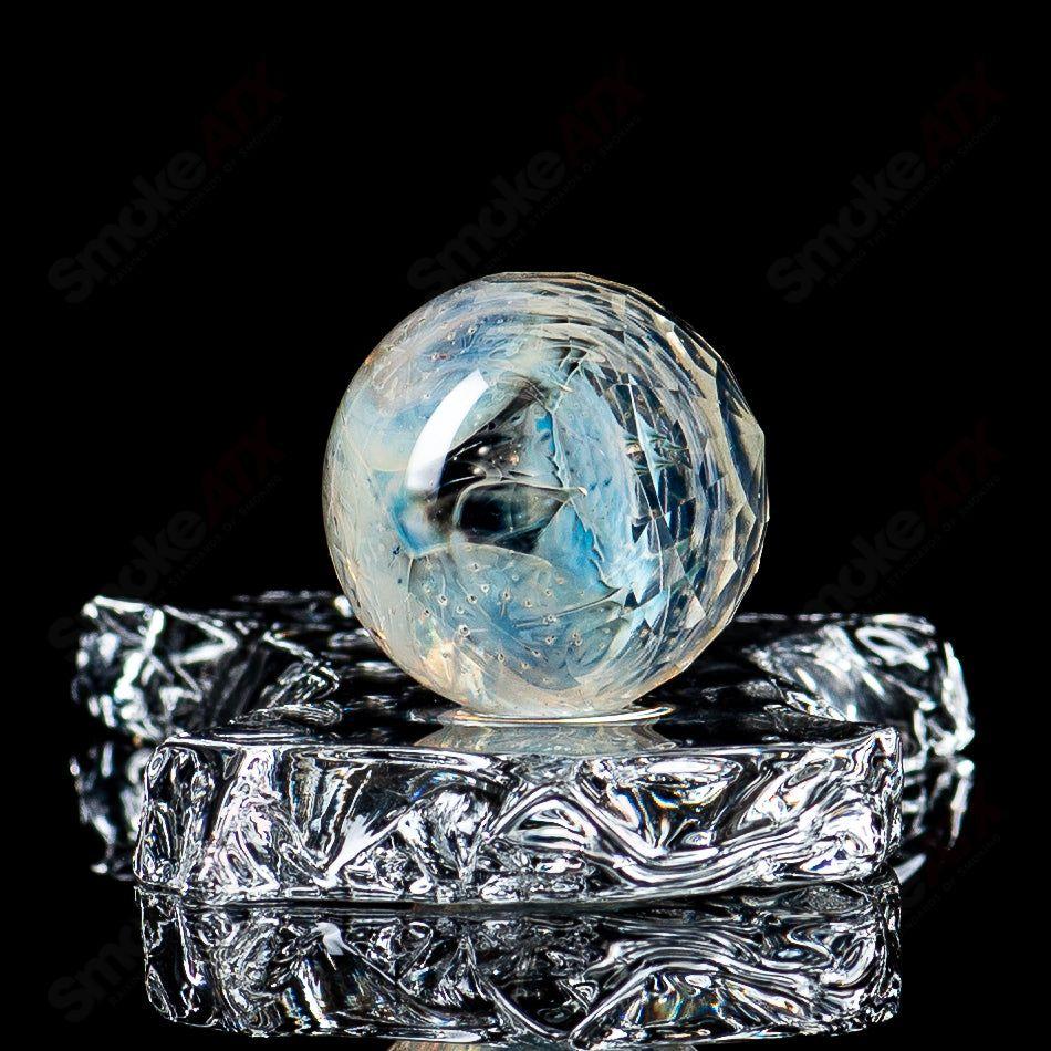 Faceted Ghost Marble with Trefoil S.O.L. pattern by Fatal Facets, a detailed heady glass art piece with intricate design.