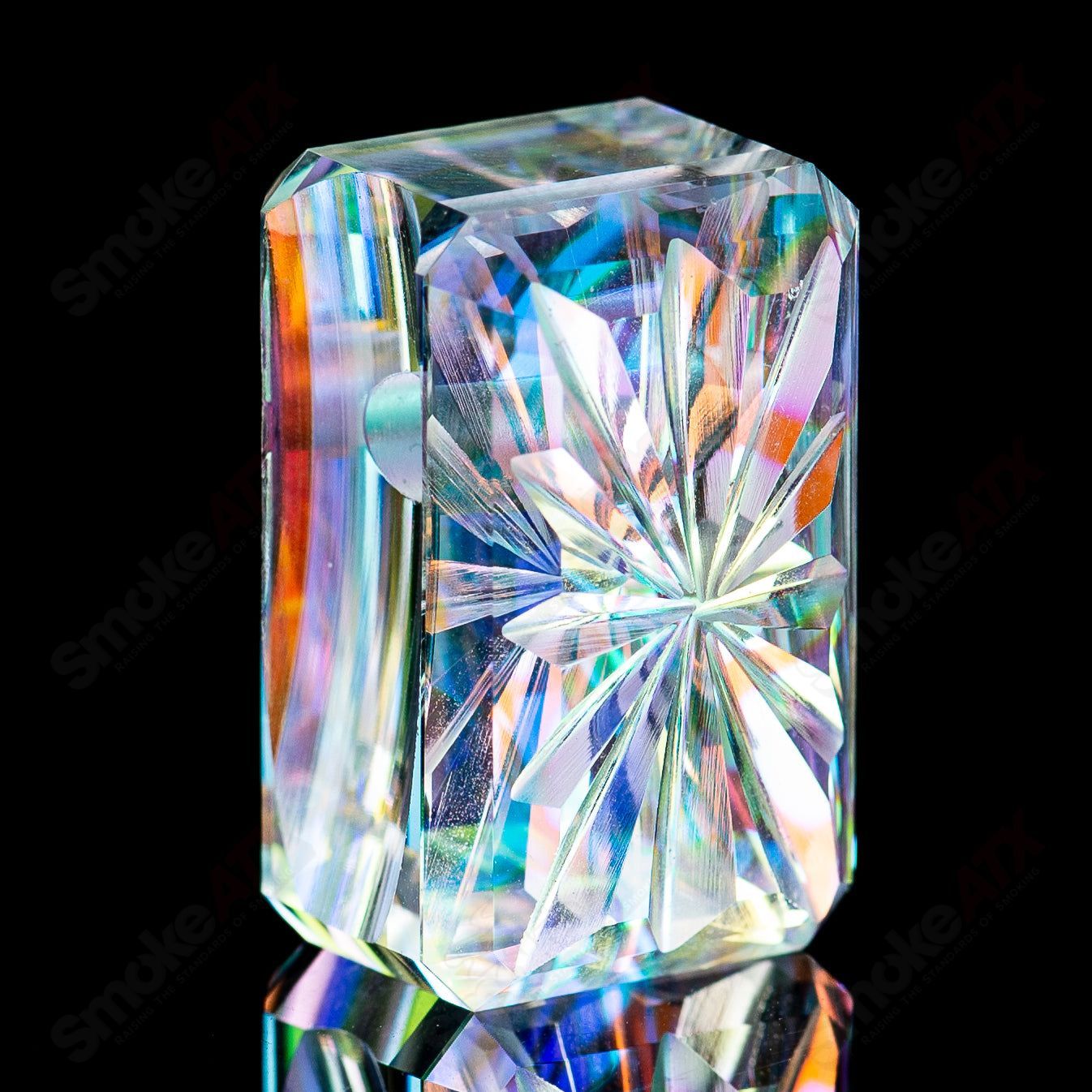 Fantasy Dichro Tablet Pendant by Fatal Facets, a colorful handcrafted glass pendant with swirling dichroic patterns.
