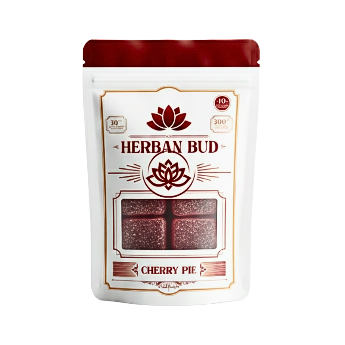 10-count Cherry Pie D9 hemp gummies by Herban Bud, featuring red cherry-flavored edible candies in a clear container.