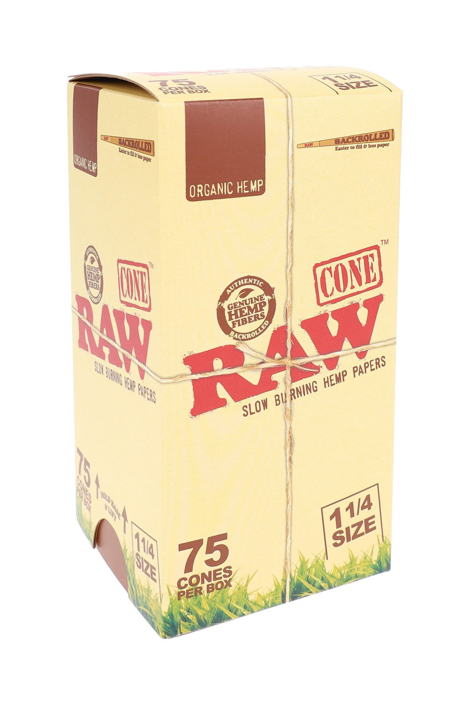 Raw 75-count 1 1/4 backrolled organic hemp cones for rolling, featuring natural unbleached paper and RAW branding.