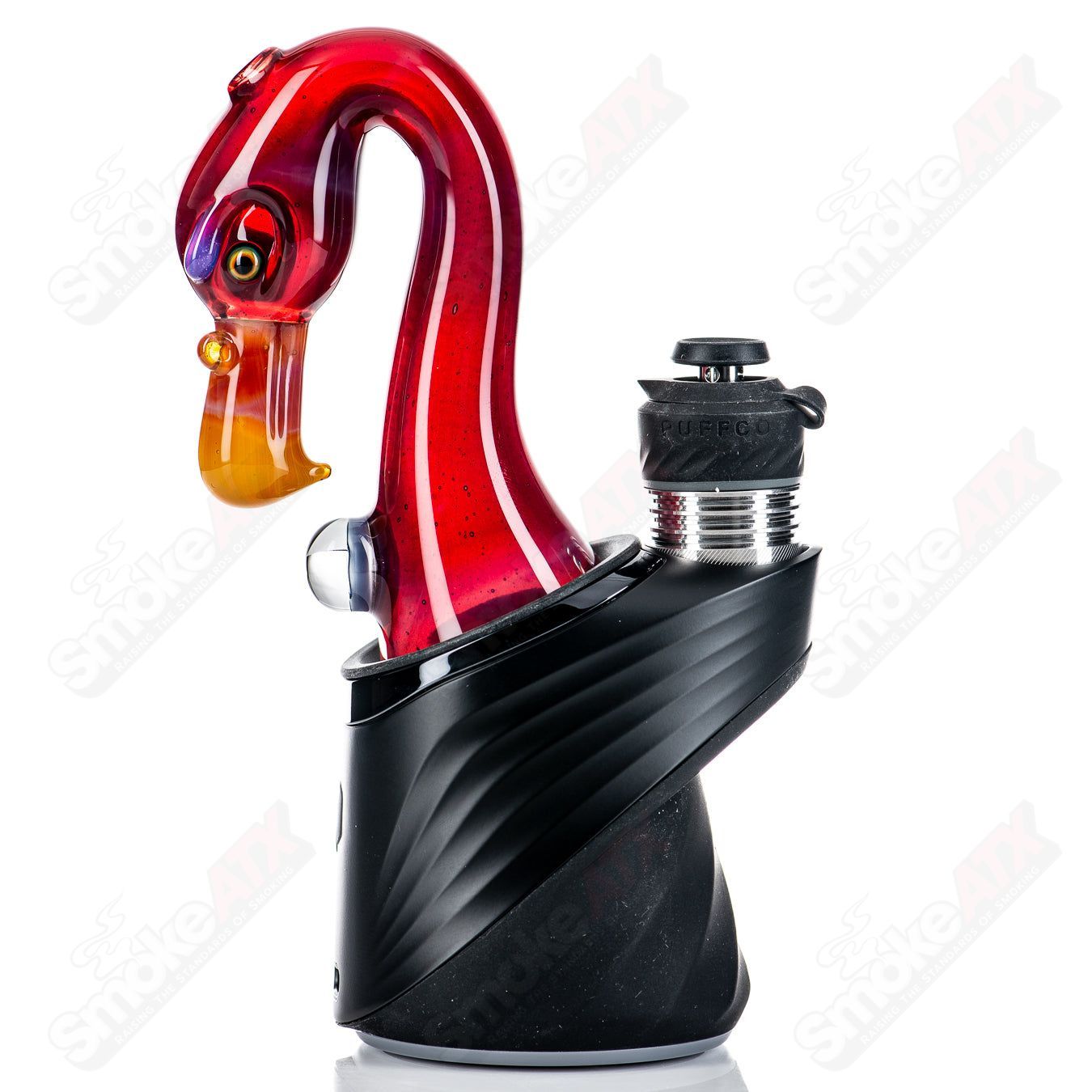 Pink flamingo Puffco dry top by Burtoni Glass, crafted from clear glass with detailed flamingo design.