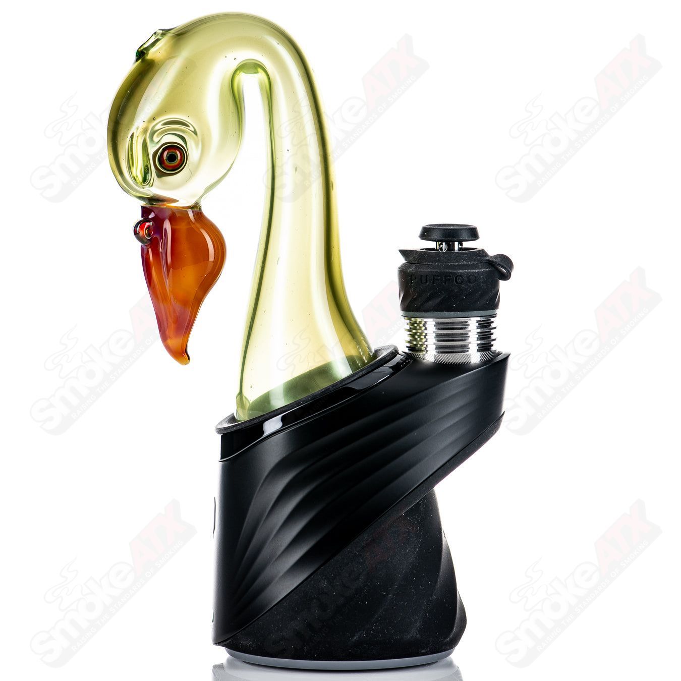 Flamingo-shaped Puffco Dry Top by Burtoni Glass, crafted from clear glass with pink flamingo design, for Puffco vaporizer.