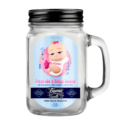 Beamer Candle Co Fresh Like a Baby's Behind scented candle with fresh, clean aroma and soft, calming glow.
