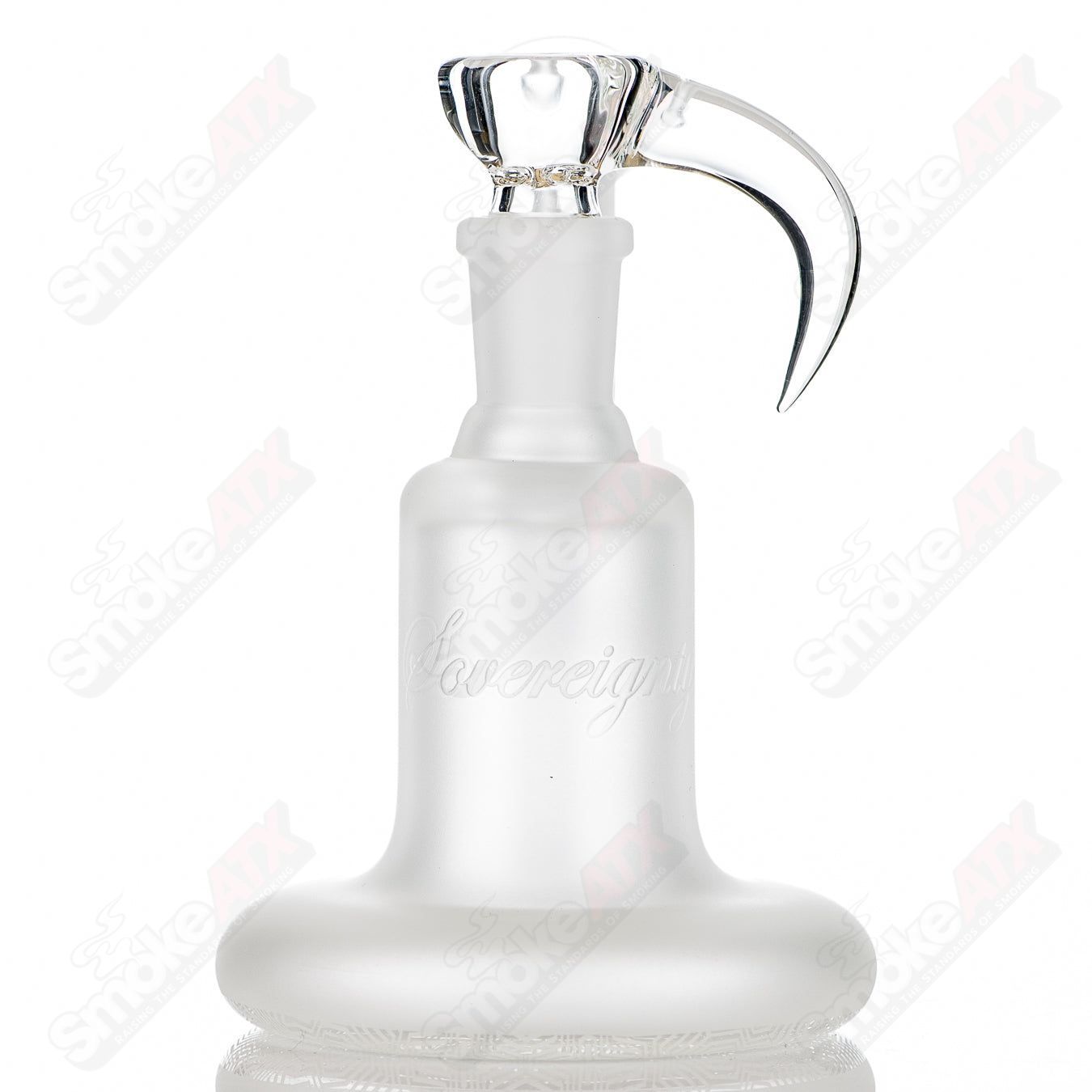 Frosted Mech Pattern Econoline Sovereignty Glass waterpipe with intricate design, clear glass accents, and sturdy base.