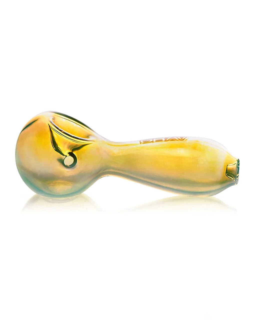 Fumed large spoon pipe by Grav made of glass, featuring a smooth, rounded bowl and clear, smoky fumed glass finish.