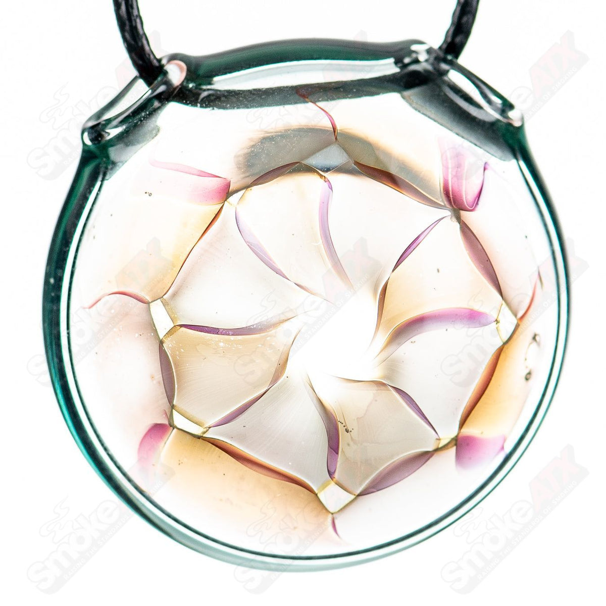Fumed pendant by Gurk, glass jewelry pendant with shimmering, smoky glass finish, hanging from a thin cord.