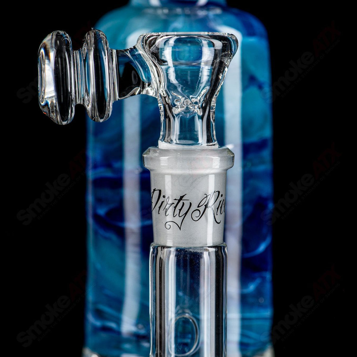 13-inch blue and light blue fade straight glass tube with 14mm bowl by Dirty Rico Glass, featuring clear craftsmanship and vibrant color.