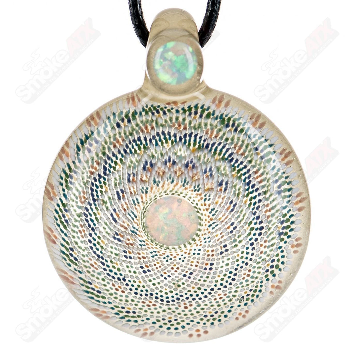 Colorful geometric glass pendant by JH Glassworks featuring intricate patterns and a smooth, polished surface.