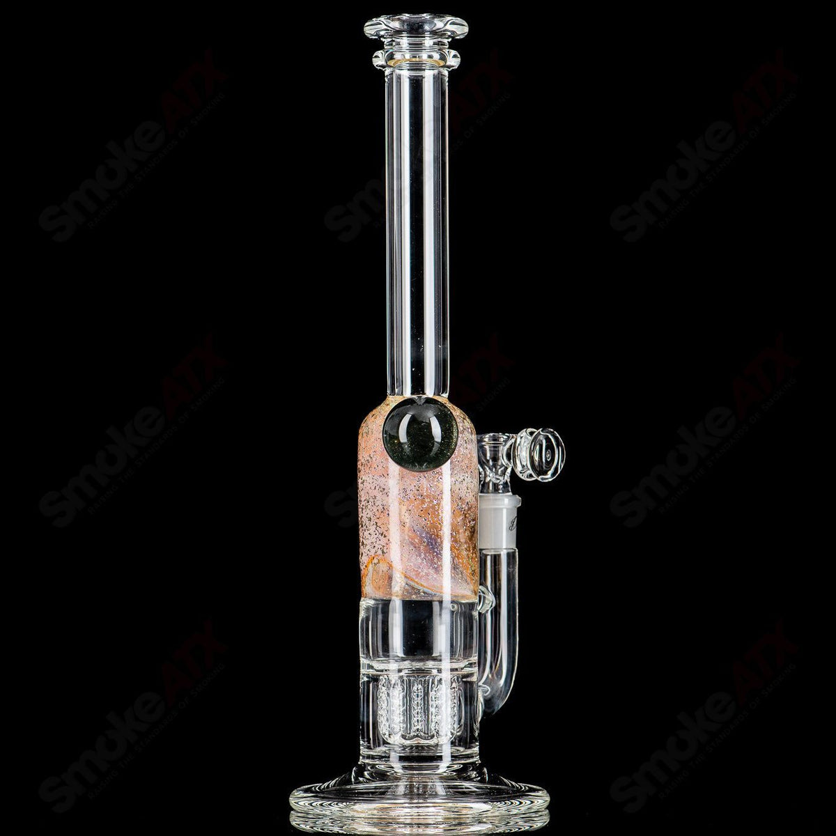 13-inch fumed dichro straight glass tube with Mib Apolocoline design and 14mm bowl by Dirty Rico Glass, showcasing vibrant colors and craftsmanship.