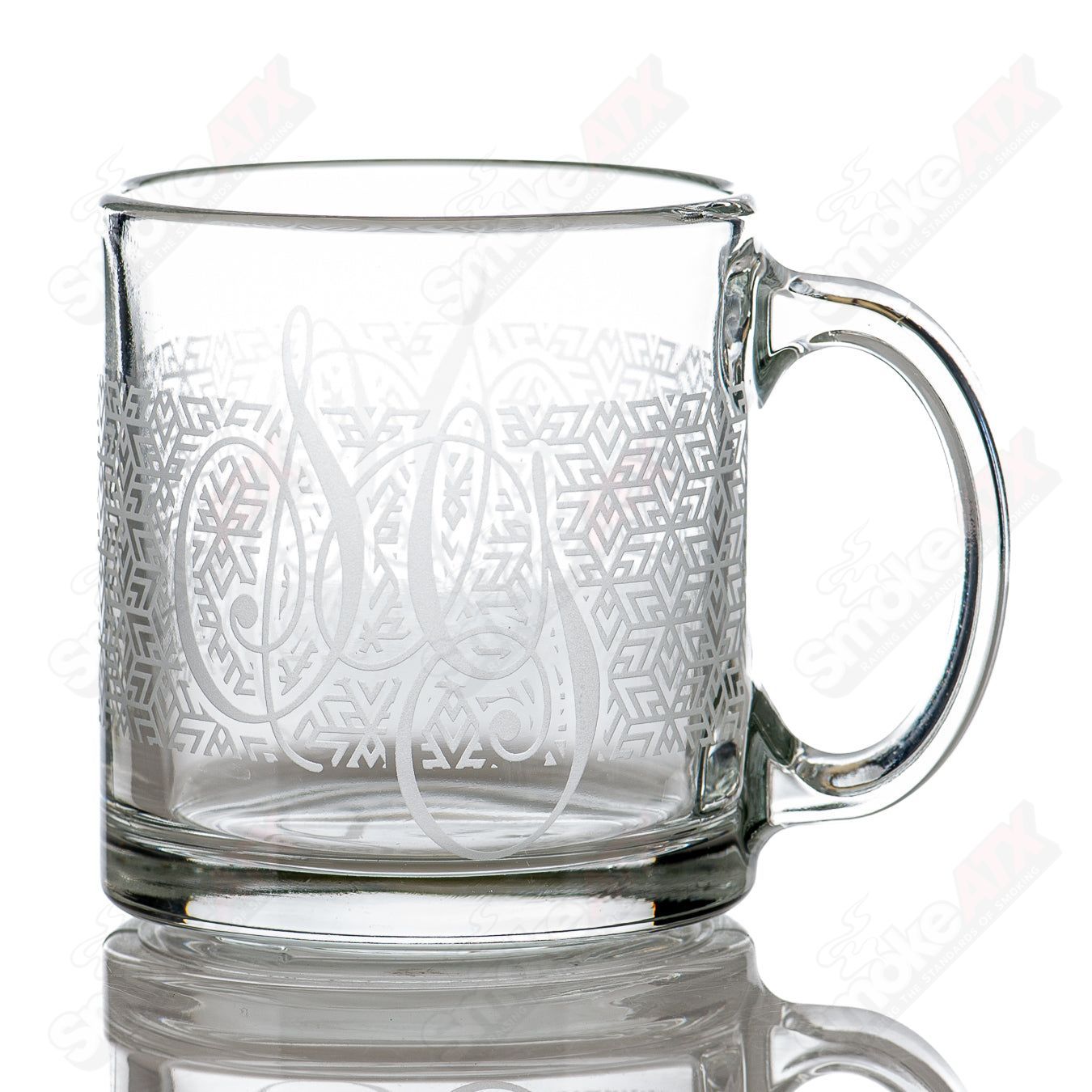 Sovereignty Glass coffee mug with Tri-Stars pattern, clear glass heady cup for hot beverages, featuring a unique geometric design.