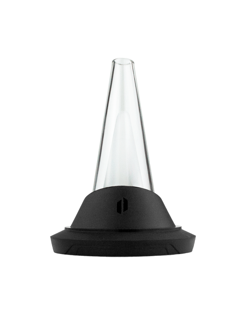 Clear glass stand designed for Puffco Peak vaporizer, providing stable support and protection for the device.