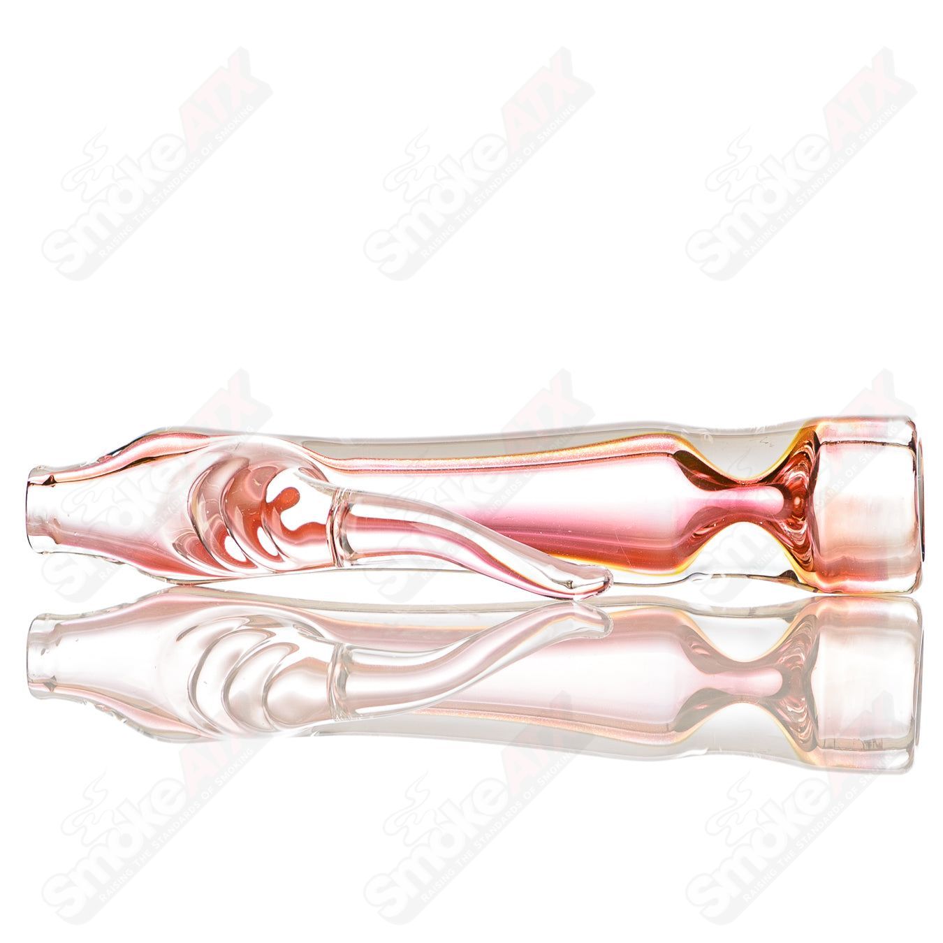 Gold fumed horn chillum with clear horn signature, handcrafted glass smoking pipe by JMK Glass, featuring intricate gold detailing.