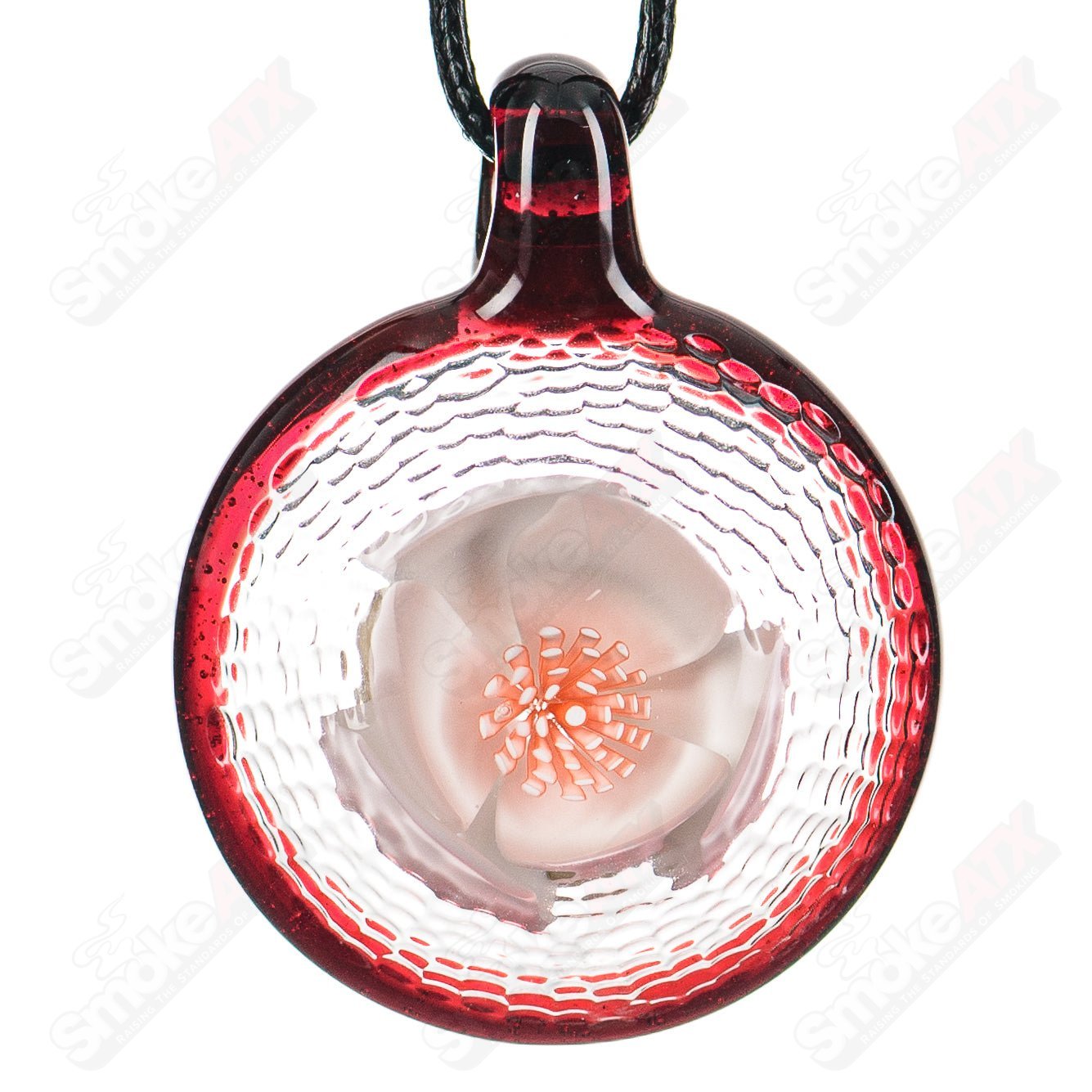 Colorful Jared Delong floral pendant from Smoke ATX, featuring intricate glass floral design on a heady glass pendant.