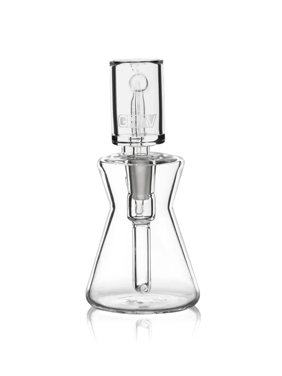 Grav Hourglass Rig with 10mm quartz banger, clear glass bubbler for dabbing, featuring a sleek hourglass shape and intricate details.