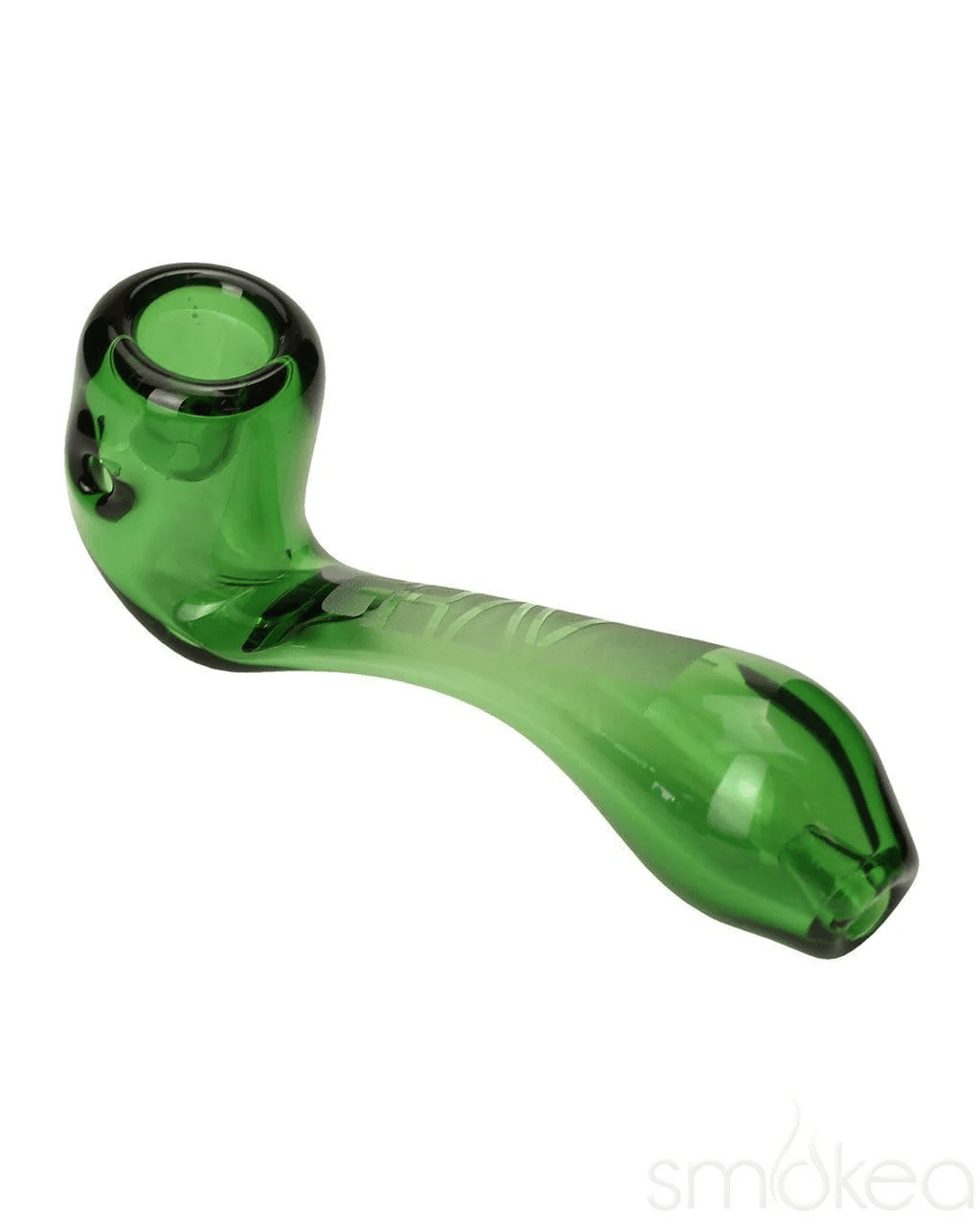 Green 4-inch Grav Sherlock glass pipe with intricate design, perfect for dry herb smoking.