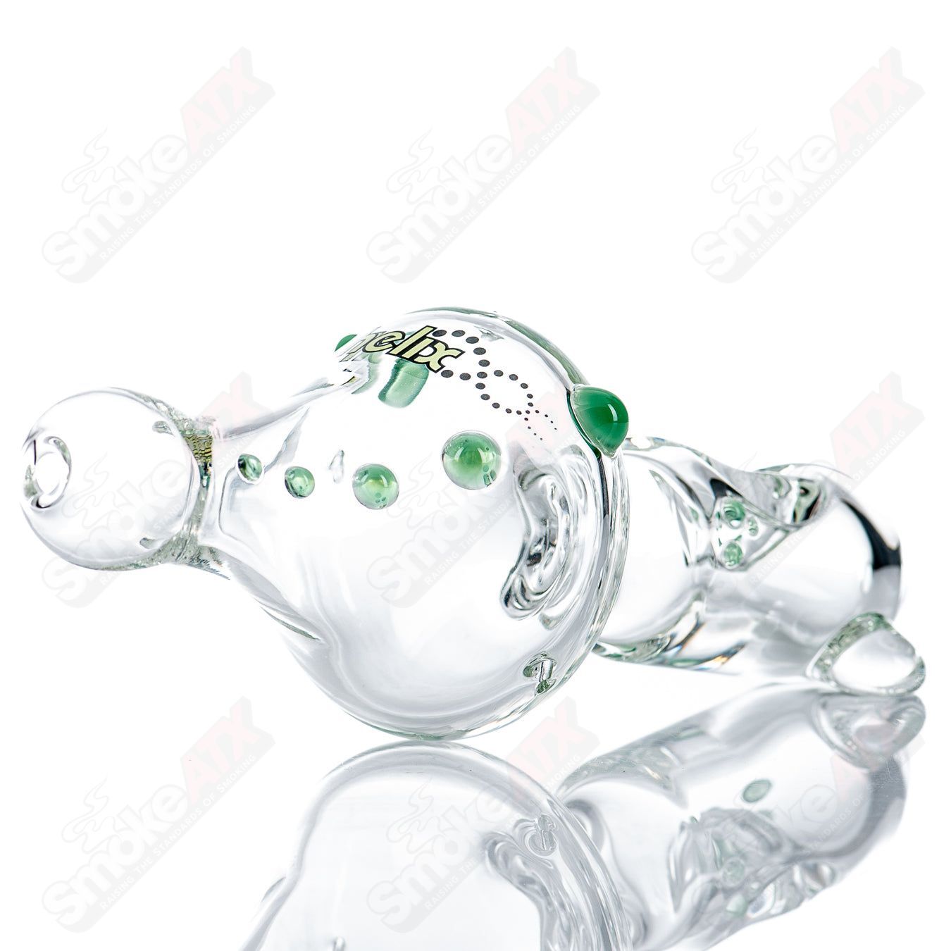 Green Label Medium Classic Hybrid Steam Roller glass pipe by American Helix with a clear glass design and green accents.