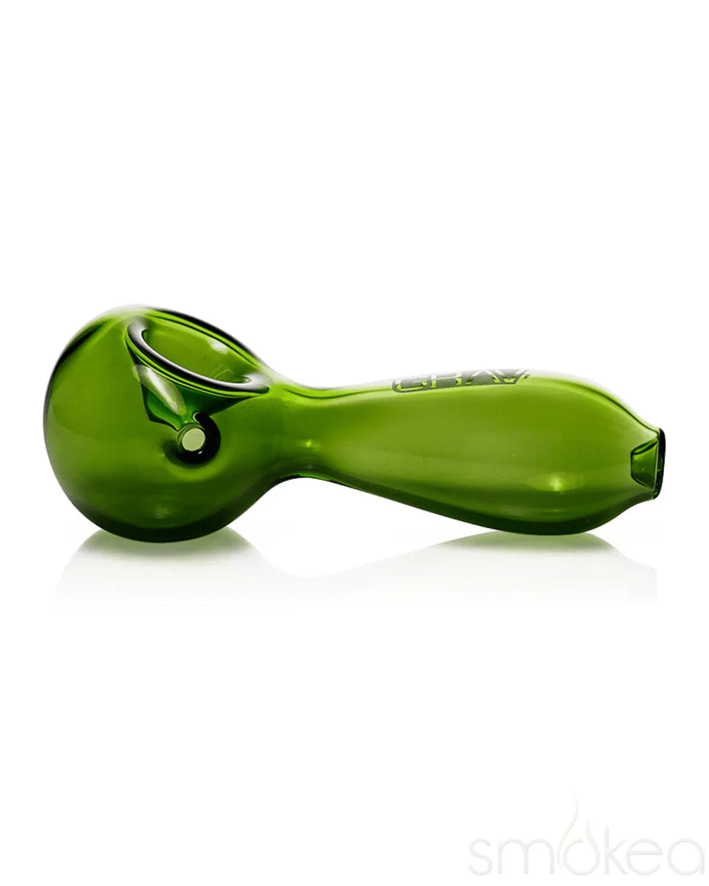 Green large spoon glass pipe by Grav, featuring a smooth, rounded bowl and clear glass construction for smoking.