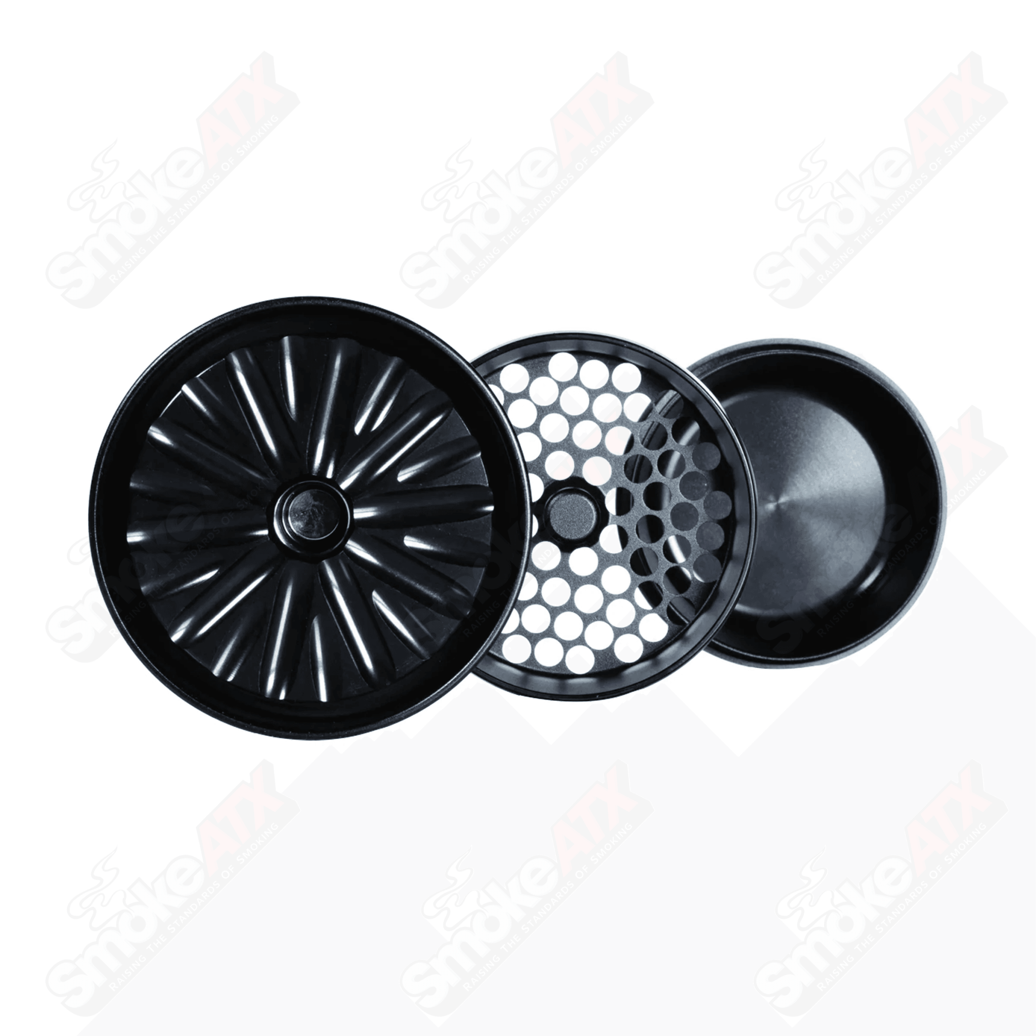 Zig Zag 420 flower grinder mill, 3-piece metal grinder for herbs, with textured grip and multiple chambers for grinding and storage.