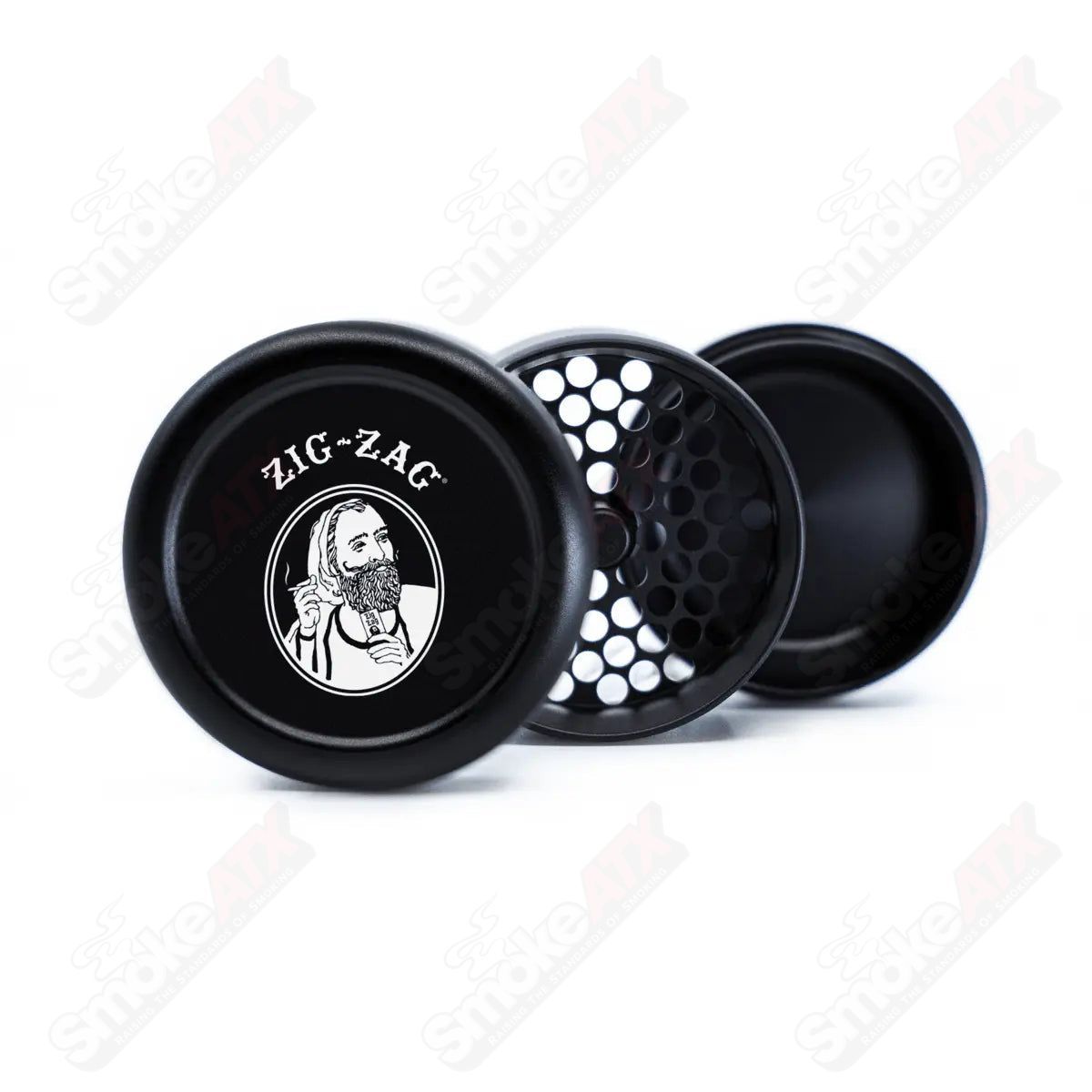 Zig Zag 3-piece metal flower grinder mill for 420 products, featuring sharp teeth and textured grip for easy grinding.